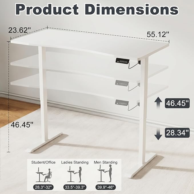 Solid Wood Electric Standing Desk 55"x23.6"Home Office Desk,Adjustable Workbench with 3 Stages Single Motor, Computer Workstation with T-Shaped Metal Bracket,White Standing Desk for Gaming(1 Box)