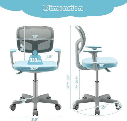 Giantex Kids Desk Chair, Ergonomic Adjustable Teen Task Chair w/Y-Shaped Lumbar Support, Armrest & Universal Wheels, Mesh Kid Office Chair for Sturdy, Kids Computer Chair for Boys & Girls 4-12, Blue