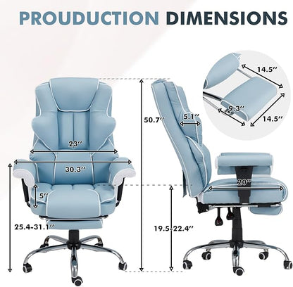 HOMREST 6-Point Massage Executive Chair,Heat Office Chair,Ergonomic Home Office Desk Chairs with Retractable Footrest and Reclining Function,Leather Computer Chair with Adjustable Armrest(‌Airy Blue)