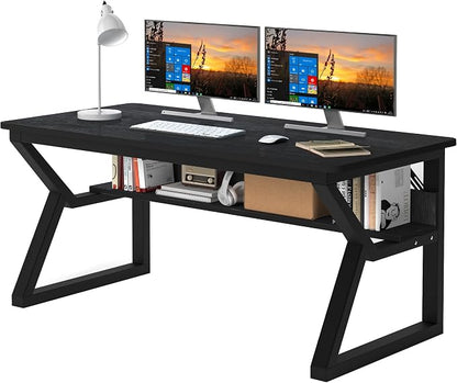 47 inch Computer Desk with Storage Shelf, K-Shaped Office Desk with Sturdy Metal Frame, Writing Gaming Work Desk with Waterproof Surface for Home Office & Bedroom, Black