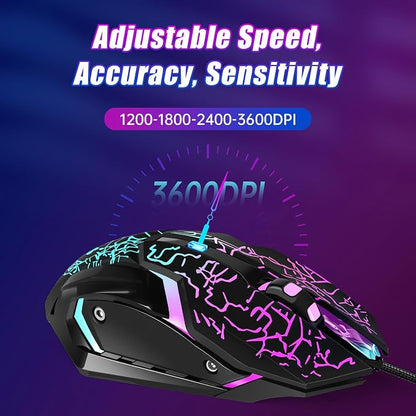 Gaming Mouse, 4 DPI Settings Up to 3600 DPI, Light Up RGB Ergonomic Optical Gaming Mice for Laptop/mac, Computer Wired USB Mouse, 7 Colors LED Backlight, 6 Buttons-Black