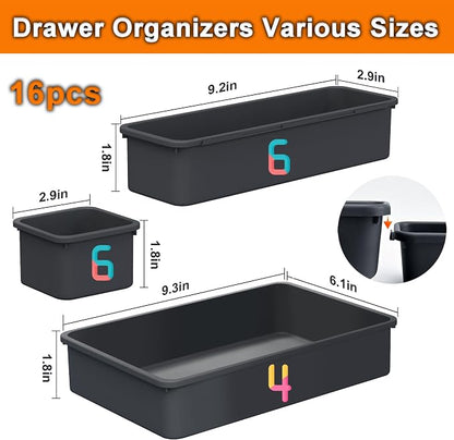 QUELIEN Desk Drawer Organizer Tray Set, 16PCS Plastic Drawer Organizer Bins for Office, Makeup, Kitchen - Gray Blue Desk Organizer with Flexible Interlocking Design for Efficient (Gray Blue, 16PCS)