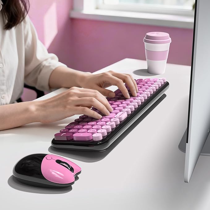 Dilter Wireless Keyboard and Mouse Combo, Portable Retro Keyboard with Compact Size, 2 in 1 USB Connected Mouse for Windows 7/8/10, Laptop, Desktop, PC, Computer (Black Pink)