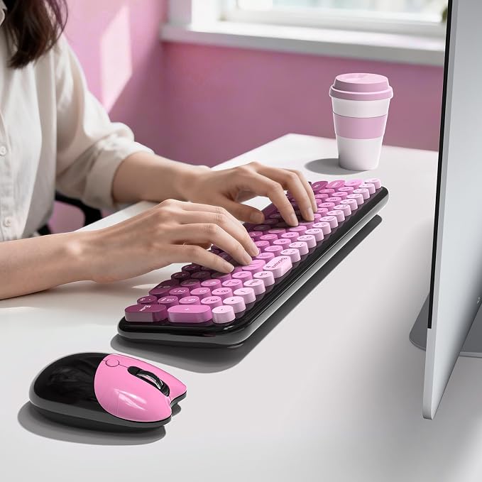 MOFII Wireless Keyboard and Mouse Combo, Compact Typewriter Retro Round Computer Keyboard and Mouse Set, Plug and Play, for Windows, Computer, Desktop, PC, Notebook - (Black Pink Gradient)