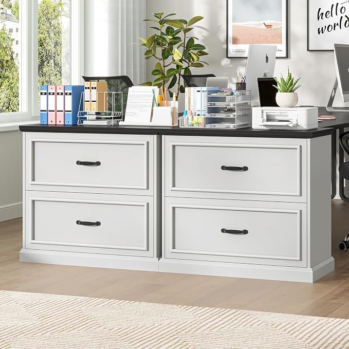 Halitaa 2 Drawer File Cabinet, Farmhouse Lateral Filing Cabinet for Letter/A4/Legal Size Hanging Files, Large Wood File Storage Cabinets Printer Stand for Home Office, White and Black