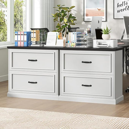 Halitaa 2 Drawer File Cabinet, Farmhouse Lateral Filing Cabinet for Letter/A4/Legal Size Hanging Files, Large Wood File Storage Cabinets Printer Stand for Home Office, White and Black