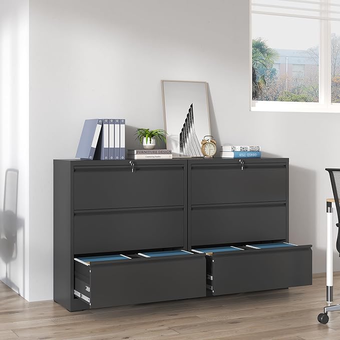 IKIMI 3 Drawer Lateral File Cabinets with Lock,Black Metal Lateral Filing Cabinet for Home Office,Wide Steel Storage Cabinet Commercial Drawer Cabinets for Legal/Letter/A4 Size Files Assembly Required
