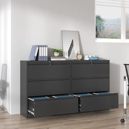 IKIMI 3 Drawer Lateral File Cabinets with Lock,Black Metal Lateral Filing Cabinet for Home Office,Wide Steel Storage Cabinet Commercial Drawer Cabinets for Legal/Letter/A4 Size Files Assembly Required