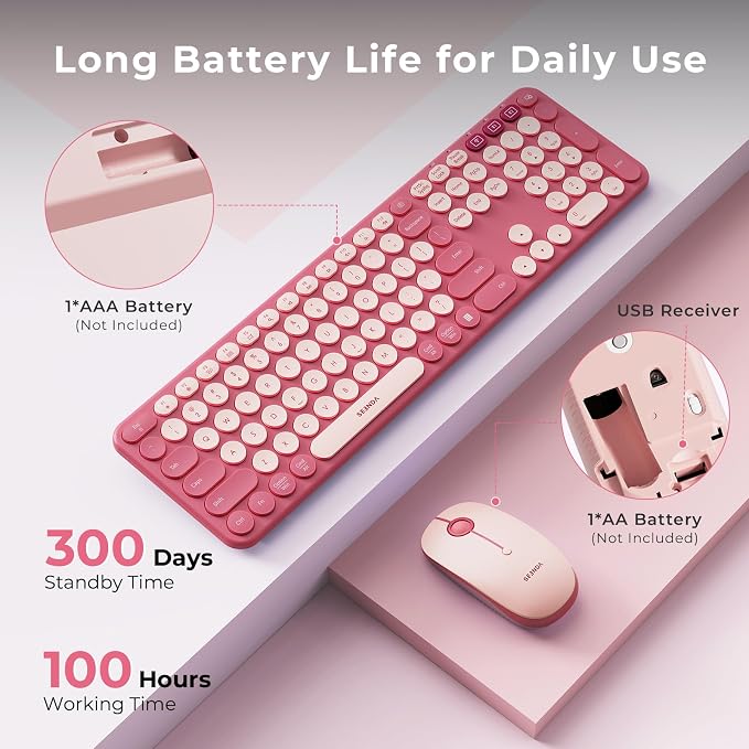 seenda Wireless Bluetooth Keyboard Mouse Combo, COE202 Retro Cute Round Keyboard, Silent Mouse, 3 Multi-Device Connection, Full Size Compatible for PC/Laptop/Mac/MacBook/iPad/Tablet, Pink