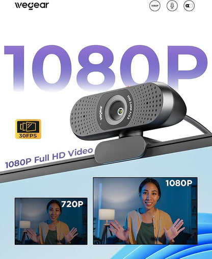 wegear Full HD 1080p Webcam for PC, Laptop & Desktop, Built-in Dual Microphones, Privacy Cover, 85°FOV, Fixed Focus, Plug & Play USB-A Computer Camera for Zoom, Teams, FaceTime, Google Meet, Streaming