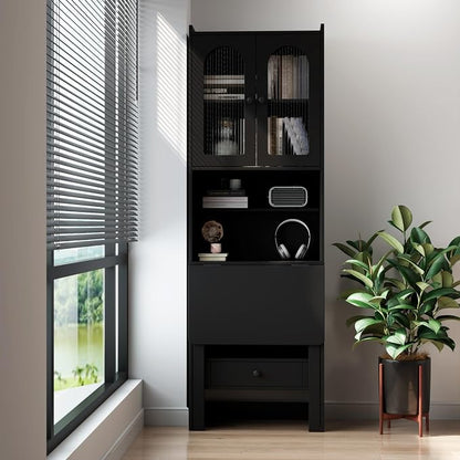 KEIKI Fold-Out Home Office Desks Writing Table with Glass Doors, Drawers, Bookshelf & Storage Shelves, Modern Wooden Convertible Workstation for Work, Study