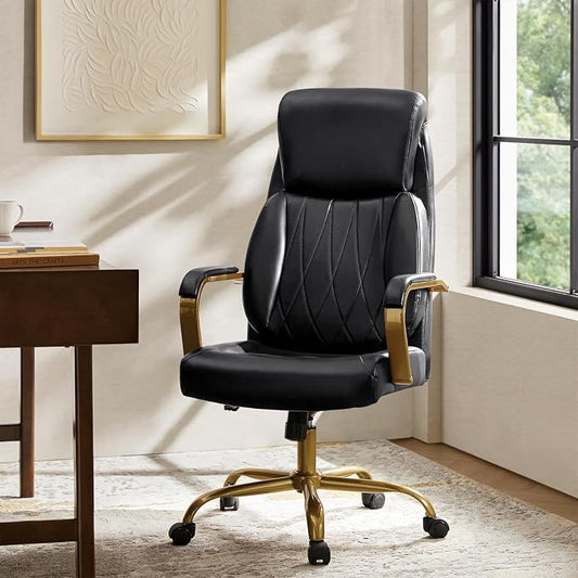 HULALA HOME Executive Office Chair with Adjustable Lumbar Support, Leather Ergonomic Office Chair with Padded Armrests, Tilt and High Back, White and Gold, Black