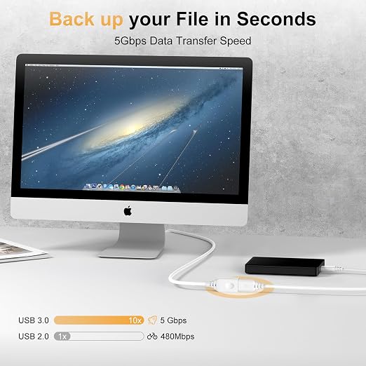 10FT USB Extension Cable for Printer,Mouse,Keyboard,Flash Drive,Camera,Webcam,Hard Drive,USB Hubs,PC,Headset, USB3.0 Extension Cord White USB Male to Female Type A Extender High Speed Data Transfer