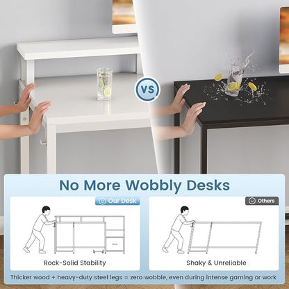 SEDETA 66" L Shaped Desk with Power Outlet, Reversible Home Office Computer Desk with File Drawer & Monitor Shelf, Storage Shelves, LED Lights for Corner Small Spaces, White