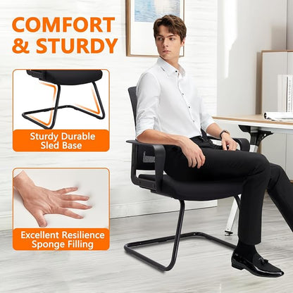 CLATINA Waiting Room Chairs with Armrests and Adjustable Lumbar Support, Breathable Mesh Back Desk Chair No Wheels, Office Guest Chairs & Reception Chair for Conference Room, Black, 8PK