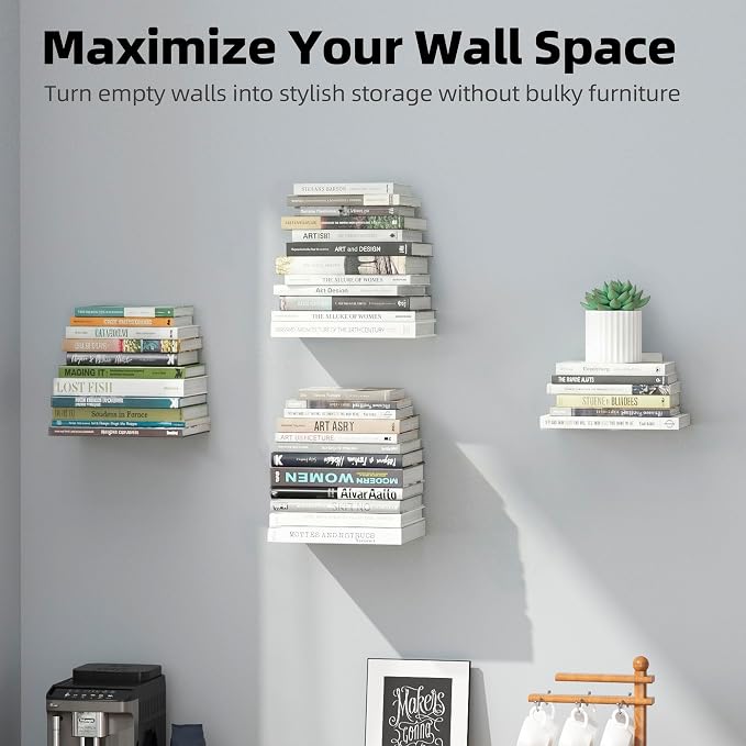 STORAGE MANIAC Floating Book Shelves for Wall Mounted Invisible Floating Bookshelves Heavy-Duty Steel Hidden Bookshelf Hanging Bookshelves for Bedroom Living Room Office, White 3-Pack Extra Large