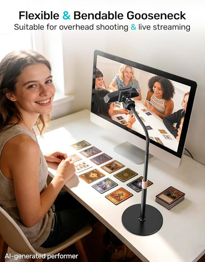 Webcam Tripod Stand with Phone Holder, Gooseneck Arm with 360° Ballhead for Desktop & Overhead Recording, Compatible with Logitech Cam C920 C922 C930e C960 C615 BRIO NexiGo N60 with 1/4'' Thread