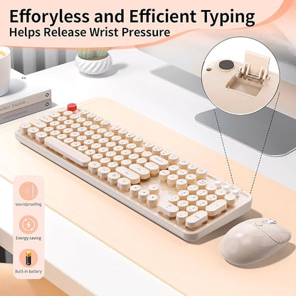 Wireless Keyboard and Mouse, MOFII 104 Round Keycaps Retro Typewriter with OTG & Brush, Full-Size Ergonomic, Ideal for Windows PC, Home, Office and College Brown