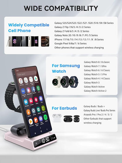 Wireless Charger for Samsung Charging Station with Clock for Samsung Galaxy S25 Ultra/S24 Ultra/Z Flip 7/Z Fold 6/Galaxy Bud, 3 in 1 Charger Station Watch Charger for Galaxy Watch 8/7/6/5Pro(Pink)