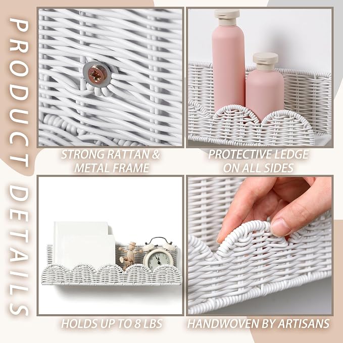 Pinkunn 4 Pcs Nursery Book Shelves 15.8 Inch Rattan Scalloped Floating Bookshelves Wicker Boho Book Shelf for Wall Mounted Decor Nursery Rooms Hanging(Cute)