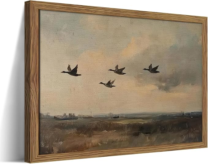 Framed Flying Ducks Canvas Wall Art, Rustic Countryside Landscape Painting, Vintage Birds Poster Print, Modern Farmhouse Ducks Wall Decor for Living Room Bedroom – 16x24 inch