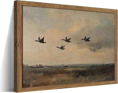 Framed Flying Ducks Canvas Wall Art, Rustic Countryside Landscape Painting, Vintage Birds Poster Print, Modern Farmhouse Ducks Wall Decor for Living Room Bedroom – 16x24 inch