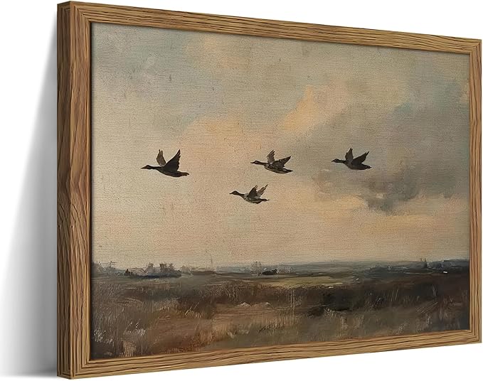 Framed Flying Ducks Canvas Wall Art, Rustic Countryside Landscape Painting, Vintage Birds Poster Print, Modern Farmhouse Ducks Wall Decor for Living Room Bedroom – 8x10 inch