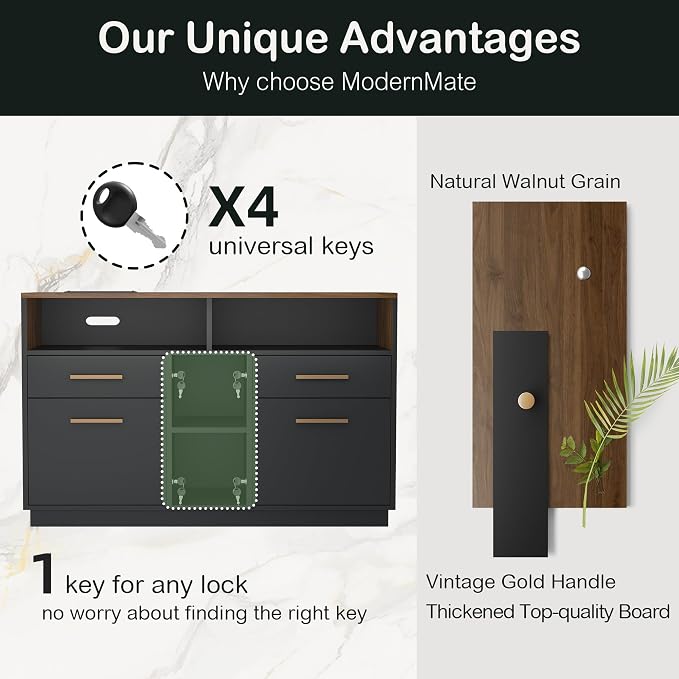 ModernMate 4 Drawer File Cabinet, Wood Filing Cabinet for Home Office with Lock, Power Strip, Storage Shelves, Home Office Lateral File Storage Fits A4/Letter Size, Black Walnut