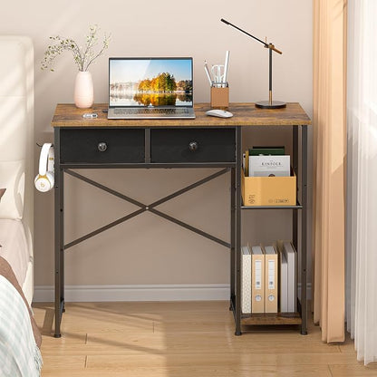 DAOUTIME Small Computer Desk, 36 Inch Writing Desk with Drawers & Storage Shelves, Home Office Writing Desk for Small Spaces, Bedroom, Living Room, Dorm, Rustic Brown
