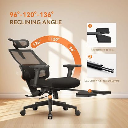Newtral Office Chair Ergonomic with Footrest, Auto-Following Lumbar Support, High Back Desk Chair with 4D Armrest,136° Tilt Lock, Adjustable Seat Depth & Height