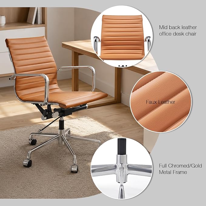 Faux Leather Office Chair with Arms, Lockable Tilt-Back Desk Chair with Aluminum Alloy Base, Adjustable Executive Computer Chair with Wheels for Home Office, Meeting Room, TAN