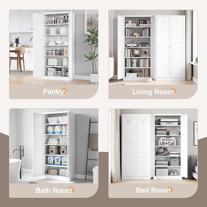 Yizosh Metal Storage Cabinet - 71" White Kitchen Pantry with 2 Doors and 5 Adjustable Shelves, 5-Tier Tall Steel Locker for Living Room, Dining Room
