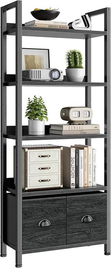 Furologee 5-Tier Bookshelf, Tall Bookcase with 2 Storage Drawers, Industrial Display Standing Shelf Units, Wood and Metal Storage Shelf for Living Room, Bedroom, Home Office, Black Oak