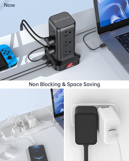 AnnTane Surge Protector Power Strip 10 FT Cord, Power Strip Tower with 4 USB Ports (1USB C), Extension Cord with 12 AC Multiple Outlets, Home Office Supplies Desk Accessories, Dorm Room Essentials