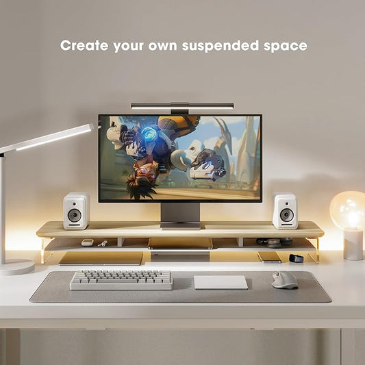 Fenge Acrylic Monitor Stand Riser, 42.5 Inches Dual Monitor Stand with Metal Storage, 2 Tier Acrylic Computer Riser for Desk, Clear Laptop Stand for PC, Laptop, Printer, TV, Oak