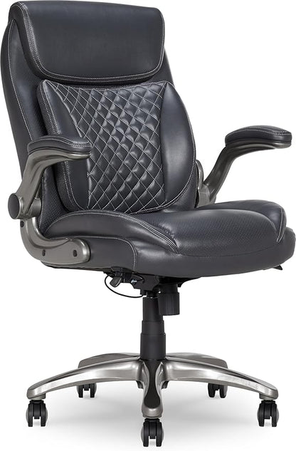 Amazon Basics Ergonomic Executive Office Chair with Adjustable Lumbar Support, Flip-up Arms, Height Adjustable, 360° Rolling Swivel, Computer Desk Chair, Grey Leather