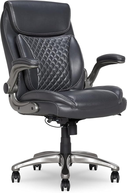 Amazon Basics Ergonomic Executive Office Chair with Adjustable Lumbar Support, Flip-up Arms, Height Adjustable, 360° Rolling Swivel, Computer Desk Chair, Grey Leather