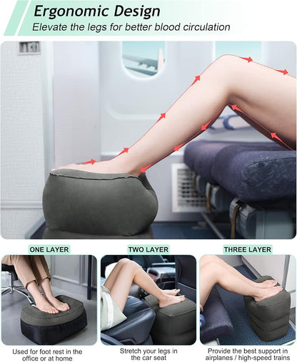 Inflatable Travel Foot Rest Pillow, Kids Airplane Bed, Adjustable 3 Layers Height Leg Rest Pillow, Adults Travel Essentials Great for Airplane, Office, Home, Trains, Cars (2 Pack-Dark Grey)