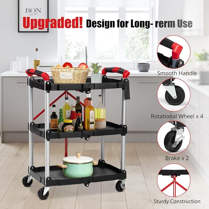 Garvee Collapsible Cart with Wheels, Service Cart, Rolling Carts with Wheels Foldable, 3 Tier Rolling Utility Cart, Folding Utility Shopping Cart for Bar, Kitchen, Office, Shopping, Garage