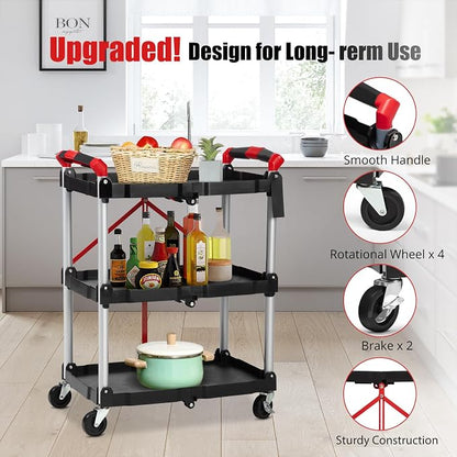 PioneerWorks Folding Utility Service Cart, Collapsible Cart with Wheels, 3 Tier Rolling Utility Cart, Folding Cart with Wheels Collapsible, Service Cart for Tool, Grocery, Bar, Garage, Kitchen, Office