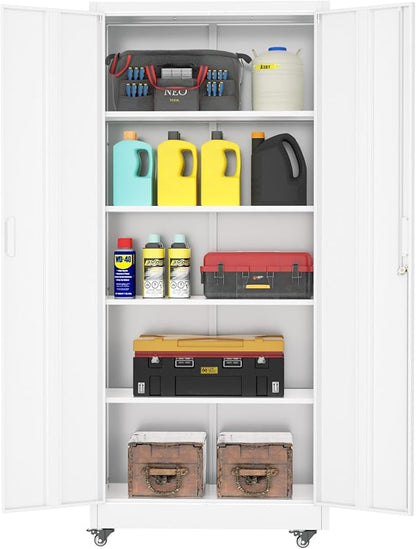 INTERGREAT Metal Storage Cabinet with Wheels, 73" Garage Storage Cabinet with Door and 4 Shelves, Tool Cabinet on Caster for Home, Office, White