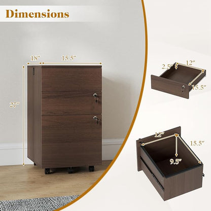 LOKO Mobile File Cabinet with 3 Drawers, Wooden Rolling Filing Cabinet with Lock, Under Desk File Organizer for A4/Letter/Legal Size, for Home Office, Study (Brown)