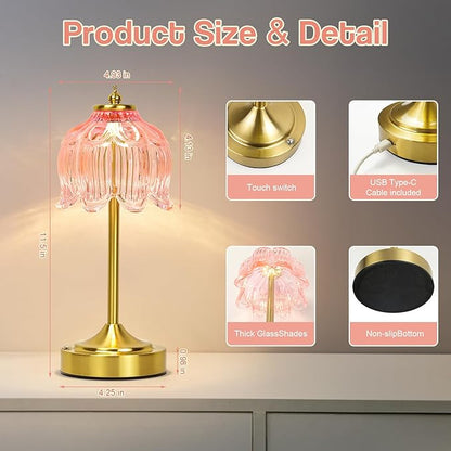 Cordless Lotus Flower Table Lamp, 5200mAh Rechargeable Battery Operated Portable Lamp, 3-Color Dimmable Touch Control Small Desk Lamp for Bedroom, Office, Kitchen, Nightstand,Room Decor (Flower Pink)
