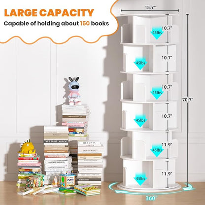 Besiost Rotating Bookshelf Tower, 6 Tier Spinning Bookcase, Revolving 360 Book Shelf Narrow Tall Bookcase, Vertical Turning Round Bookshelf Organizer, Wood Corner Bookshelf for Small Space, White