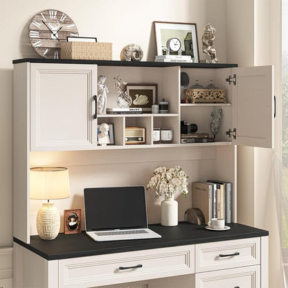 Vabches Farmhouse Executive Desk with 4 Drawers and Storage Cabinet, Rustic Large Home Writing Desk with Hutch, Workstation for Bedroom, Black.