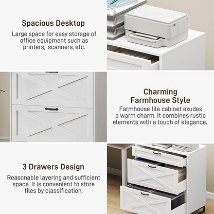 Halitaa File Cabinet 3 Drawers Lateral File Cabinet for Letter/Legal/A4 Size Hanging Files, Large Wood File Storage Cabinets Printer Stand for Home Office, White and Black