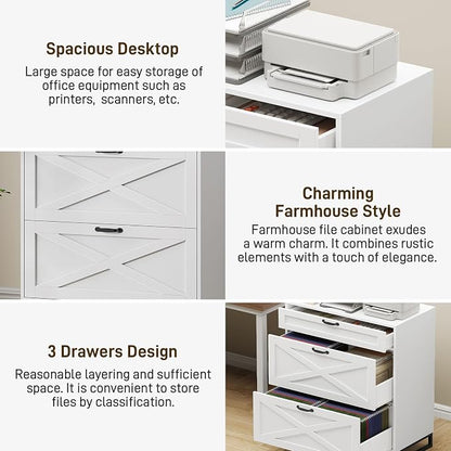 Farmhouse Lateral File Cabinet, Modern Farmhouse Filing Cabinet with 3 Drawers for Letter/Legal/A4 Size Hanging Files, File Storage Cabinet for Home Office, Printer Stand with Storage, Office White