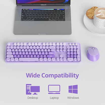 Wireless Keyboard and Mouse Set, Retro Typewriter Keyboards, 2.4GHz Full Size 104-Key Cute Keyboard with Number Pad, Colorful Keyboard with Round Keycaps for Windows PC Laptop(Purple)