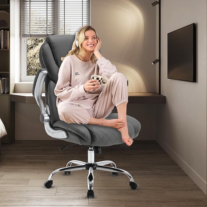 Leather Executive Office Chair, Big and Tall High Back Ergonomic Desk Chairs with Wheels, 90-120° Rocking Managerial Home Computer Chairs with Flip up Arms and Lumbar Support, Grey
