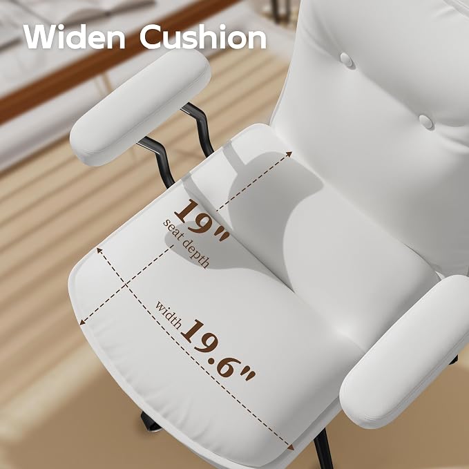 White Leather Office Chair with Triple-Layer Seat, Home Desk Chair | Comfy 7.3-inch Thick Cushion, Mid Back Ergonomic Support for Long Hours, Smooth Silent Wheels, Mid-Century Vintage Style